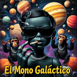 A vibrant music album cover featuring a black doll in the center wearing sleek black space glasses