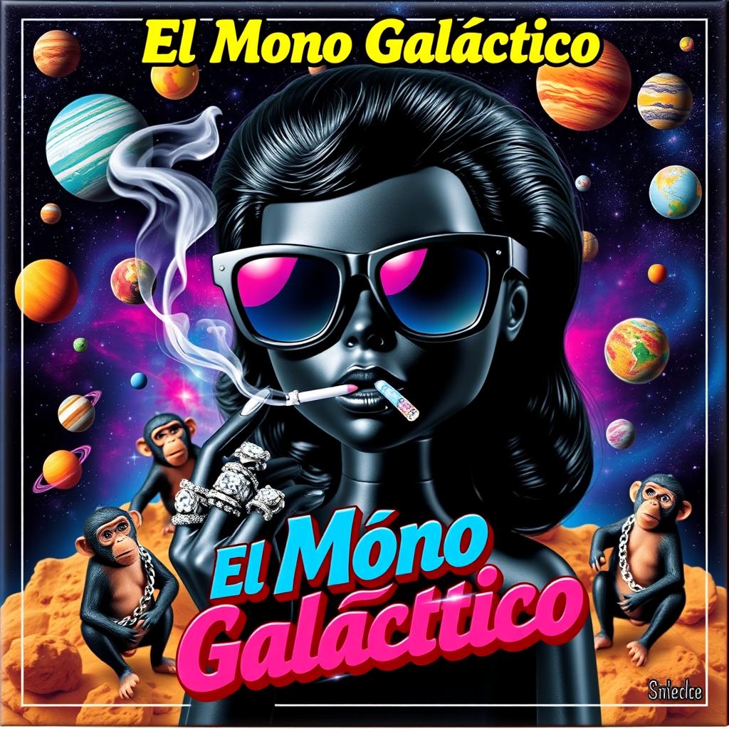 A vibrant music album cover featuring a black doll in the center wearing sleek black space glasses