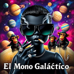 A vibrant music album cover featuring a black doll in the center wearing sleek black space glasses