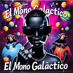 A vibrant music album cover featuring a black doll in the center wearing sleek black space glasses