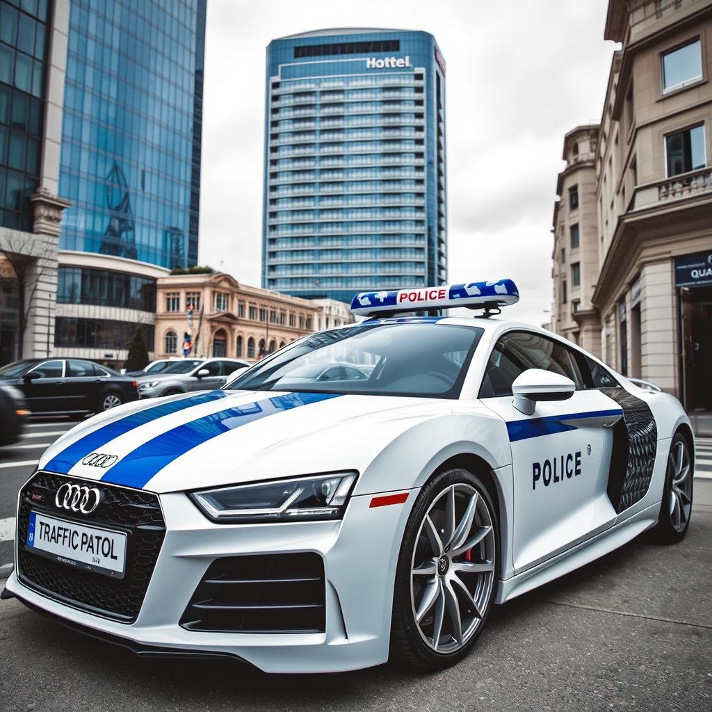 A striking scene featuring a white Audi R8 adorned with bold indigo stripes and clear inscriptions that read 'Traffic Patrol'