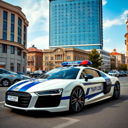 A striking scene featuring a white Audi R8 adorned with bold indigo stripes and clear inscriptions that read 'Traffic Patrol'