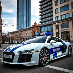 A striking scene featuring a white Audi R8 adorned with bold indigo stripes and clear inscriptions that read 'Traffic Patrol'