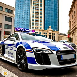 A striking scene featuring a white Audi R8 adorned with bold indigo stripes and clear inscriptions that read 'Traffic Patrol'