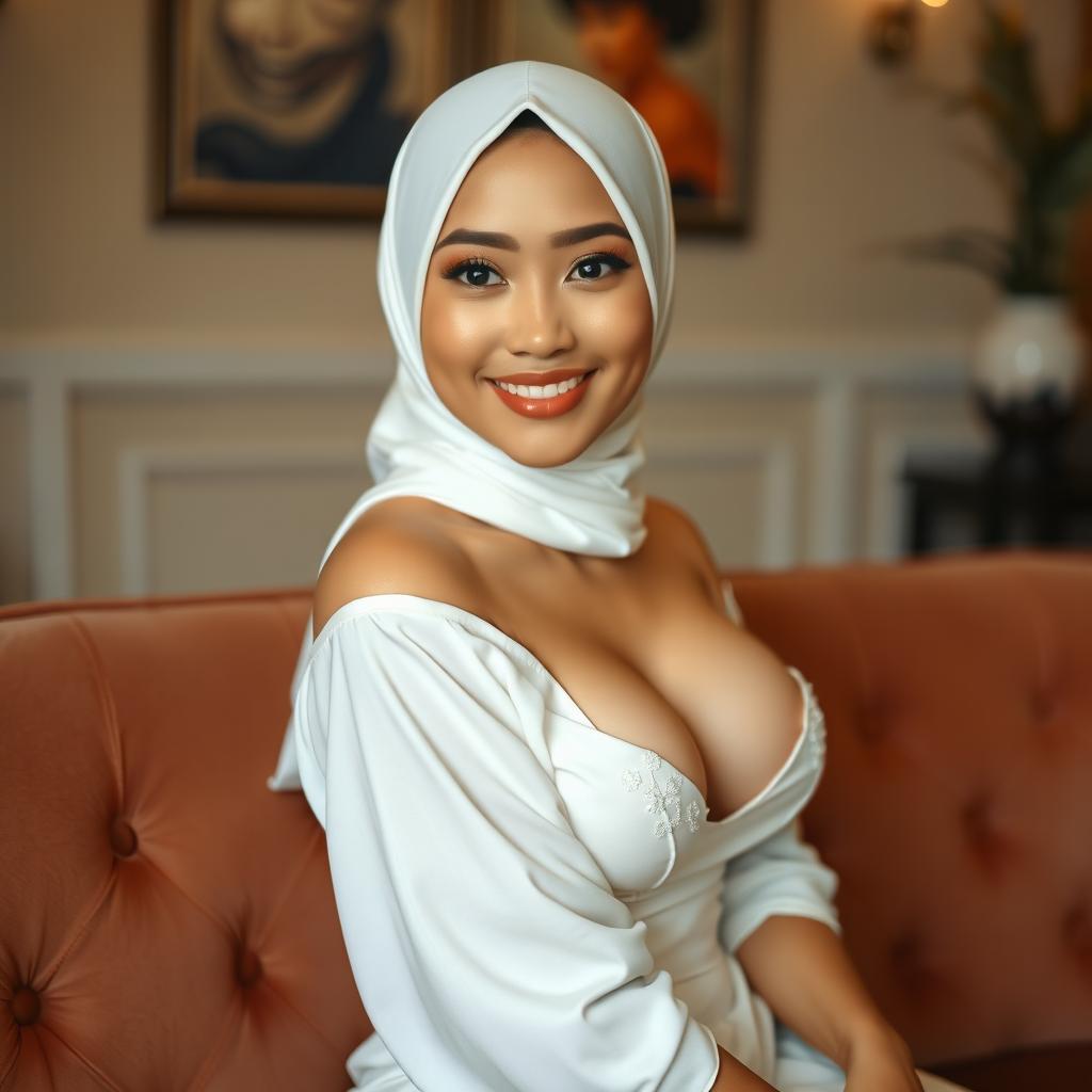 A beautiful 20-year-old Indonesian woman wearing a white hijab, showcasing her smooth and radiant skin