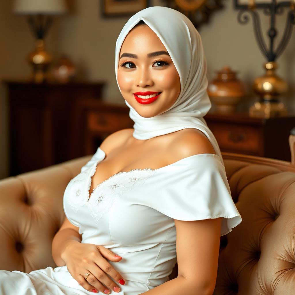 A beautiful 20-year-old Indonesian woman wearing a white hijab, showcasing her smooth and radiant skin