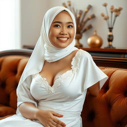 A beautiful 20-year-old Indonesian woman wearing a white hijab, showcasing her smooth and radiant skin