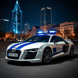 A dramatic midnight scene featuring a white Audi R8 with striking indigo stripes and an inscription that reads 'Traffic Patrol'