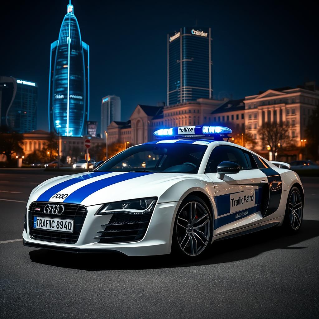A dramatic midnight scene featuring a white Audi R8 with striking indigo stripes and an inscription that reads 'Traffic Patrol'
