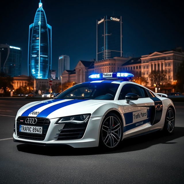 A dramatic midnight scene featuring a white Audi R8 with striking indigo stripes and an inscription that reads 'Traffic Patrol'