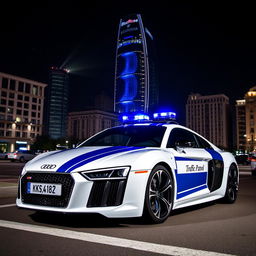 A dramatic midnight scene featuring a white Audi R8 with striking indigo stripes and an inscription that reads 'Traffic Patrol'