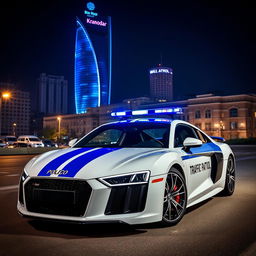 A dramatic midnight scene featuring a white Audi R8 with striking indigo stripes and an inscription that reads 'Traffic Patrol'