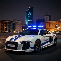 A dramatic midnight scene featuring a white Audi R8 with striking indigo stripes and an inscription that reads 'Traffic Patrol'