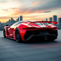 A futuristic sports car design that combines the rear end styling of a Lamborghini with the front end aesthetics of a Ferrari