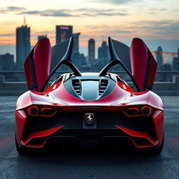 A futuristic sports car design that combines the rear end styling of a Lamborghini with the front end aesthetics of a Ferrari