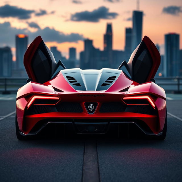 A futuristic sports car design that combines the rear end styling of a Lamborghini with the front end aesthetics of a Ferrari