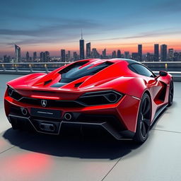 A futuristic sports car design that combines the rear end styling of a Lamborghini with the front end aesthetics of a Ferrari