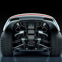 A futuristic luxury car inspired by Mercedes, viewed from an undercarriage perspective