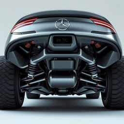 A futuristic luxury car inspired by Mercedes, viewed from an undercarriage perspective