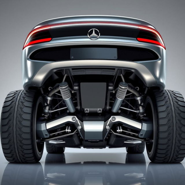 A futuristic luxury car inspired by Mercedes, viewed from an undercarriage perspective