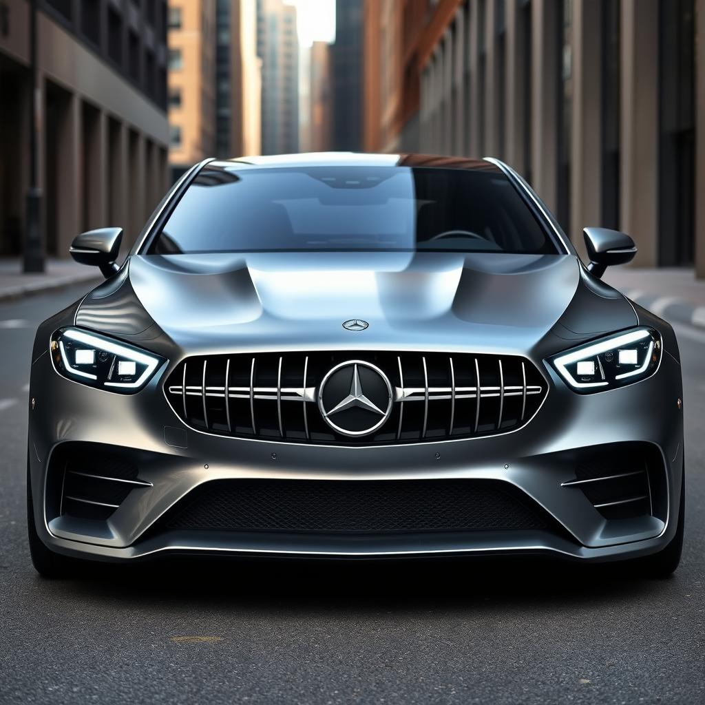 A sleek, modern luxury car design reminiscent of a Mercedes-Benz, but viewed from the front