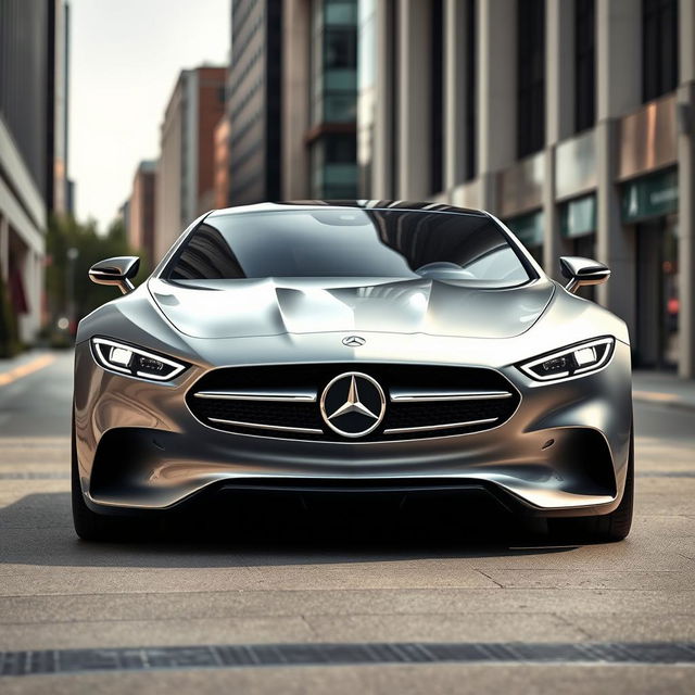 A sleek, modern luxury car design reminiscent of a Mercedes-Benz, but viewed from the front