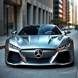 A sleek, modern luxury car design reminiscent of a Mercedes-Benz, but viewed from the front