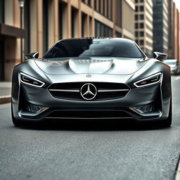 A sleek, modern luxury car design reminiscent of a Mercedes-Benz, but viewed from the front