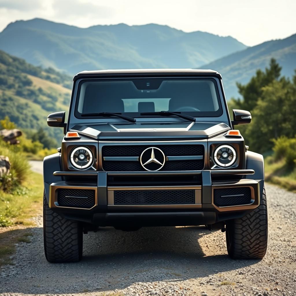 A robust and luxurious SUV design inspired by the Mercedes G-Class (G-Wagon), captured from the front view