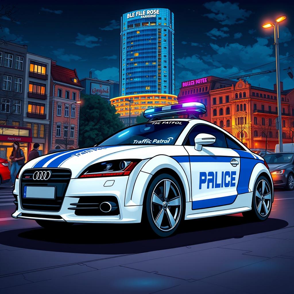 A vibrant midnight scene in colorful anime style featuring a white Audi TT 3