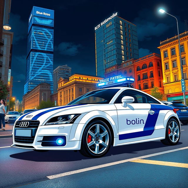 A vibrant midnight scene in colorful anime style featuring a white Audi TT 3