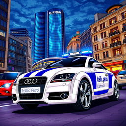 A vibrant midnight scene in colorful anime style featuring a white Audi TT 3