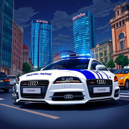 A vibrant midnight scene in colorful anime style featuring a white Audi TT 3