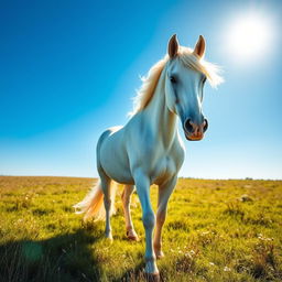 a stunning sparkly white horse with a flowing mane, standing majestically in a lush green meadow under a bright blue sky, sunlight glinting off its coat, exuding beauty and grace