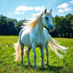 a stunning sparkly white horse with a flowing mane, standing majestically in a lush green meadow under a bright blue sky, sunlight glinting off its coat, exuding beauty and grace