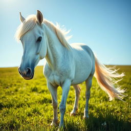 a stunning sparkly white horse with a flowing mane, standing majestically in a lush green meadow under a bright blue sky, sunlight glinting off its coat, exuding beauty and grace