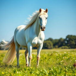 a stunning sparkly white horse with a flowing mane, standing majestically in a lush green meadow under a bright blue sky, sunlight glinting off its coat, exuding beauty and grace