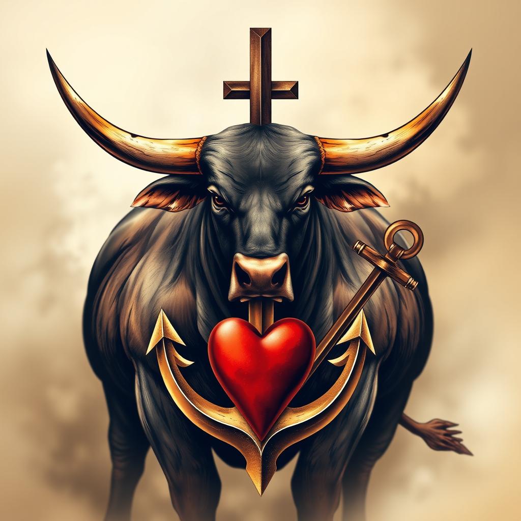 A stunning artwork featuring a Miura bull as the central element, combined artistically with a cross, an anchor, and a heart