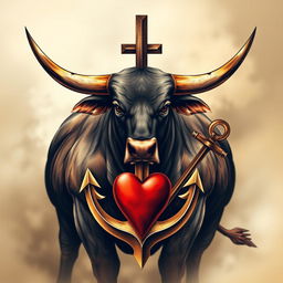 A stunning artwork featuring a Miura bull as the central element, combined artistically with a cross, an anchor, and a heart