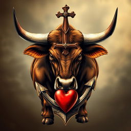 A stunning artwork featuring a Miura bull as the central element, combined artistically with a cross, an anchor, and a heart