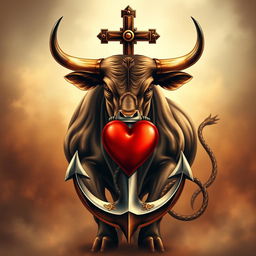 A stunning artwork featuring a Miura bull as the central element, combined artistically with a cross, an anchor, and a heart