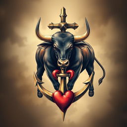 A stunning artwork featuring a Miura bull as the central element, combined artistically with a cross, an anchor, and a heart