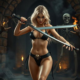 A hot, sexy, slim 20-year-old woman with thick blonde hair styled in loose waves, adorned with a unique skull belt