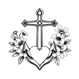 A striking design featuring a cross as the central element, intricately intertwined with an anchor and a heart