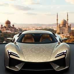 A concept design of a long-chassis car inspired by Iranian culture, featuring intricate Persian motifs and patterns on the exterior, a sleek and elegant aerodynamic silhouette, and luxurious interiors adorned with rich fabrics and traditional Persian design elements