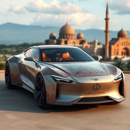 A concept design of a long-chassis car inspired by Iranian culture, featuring intricate Persian motifs and patterns on the exterior, a sleek and elegant aerodynamic silhouette, and luxurious interiors adorned with rich fabrics and traditional Persian design elements