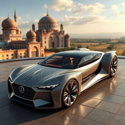 A concept design of a long-chassis car inspired by Iranian culture, featuring intricate Persian motifs and patterns on the exterior, a sleek and elegant aerodynamic silhouette, and luxurious interiors adorned with rich fabrics and traditional Persian design elements