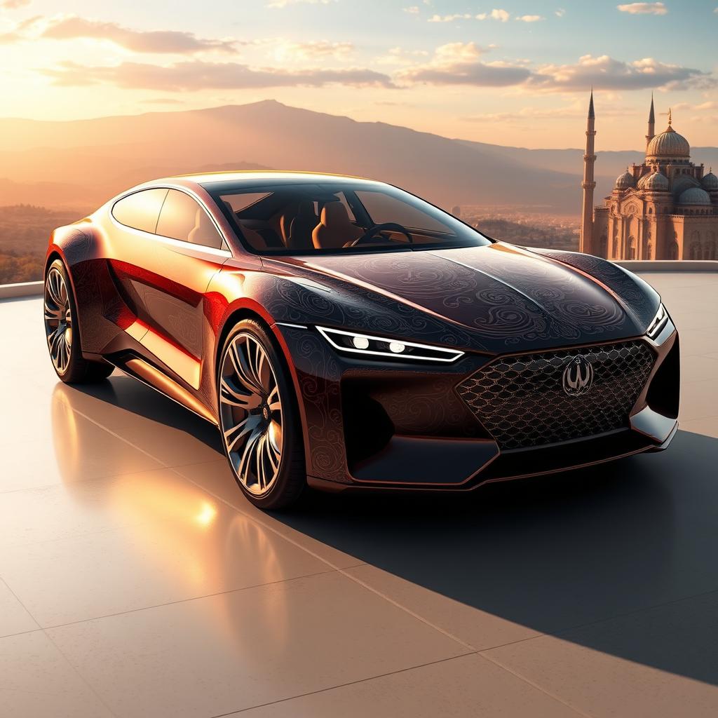 A concept design of a long-chassis car inspired by Iranian culture, featuring intricate Persian motifs and patterns on the exterior, a sleek and elegant aerodynamic silhouette, and luxurious interiors adorned with rich fabrics and traditional Persian design elements