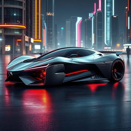 A futuristic sports car design that has never been revealed, featuring an aerodynamic and sleek silhouette with sharp lines and curves