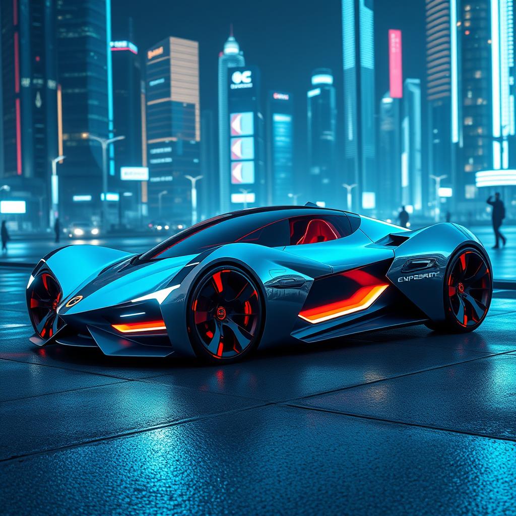 A futuristic sports car design that has never been revealed, featuring an aerodynamic and sleek silhouette with sharp lines and curves